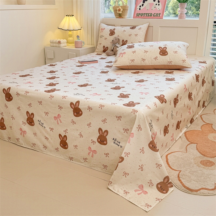 91家纺网 家纺一手货源 找家纺 雯豆2025春夏新款全棉床单三件套纯棉床罩小清新印花床单 全棉床单-精灵兔