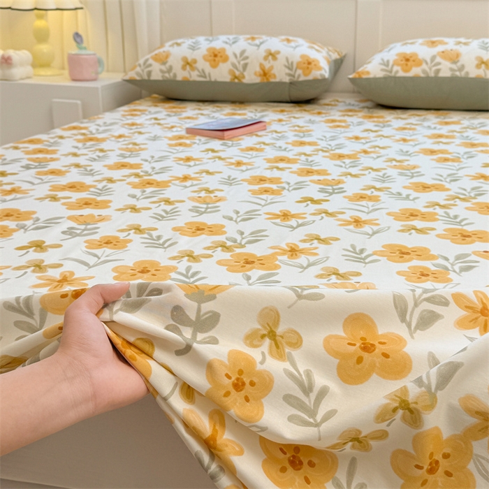 91家纺网 家纺一手货源 找家纺 雯豆2025春夏新款全棉床单三件套纯棉床罩小清新印花床单 全棉床单-暖阳