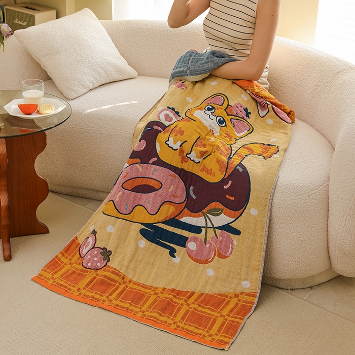 91家纺网 家纺一手货源 找家纺 雯雨家纺 2025新款亲肤可爱全棉A类纱布浴巾 好运小猫