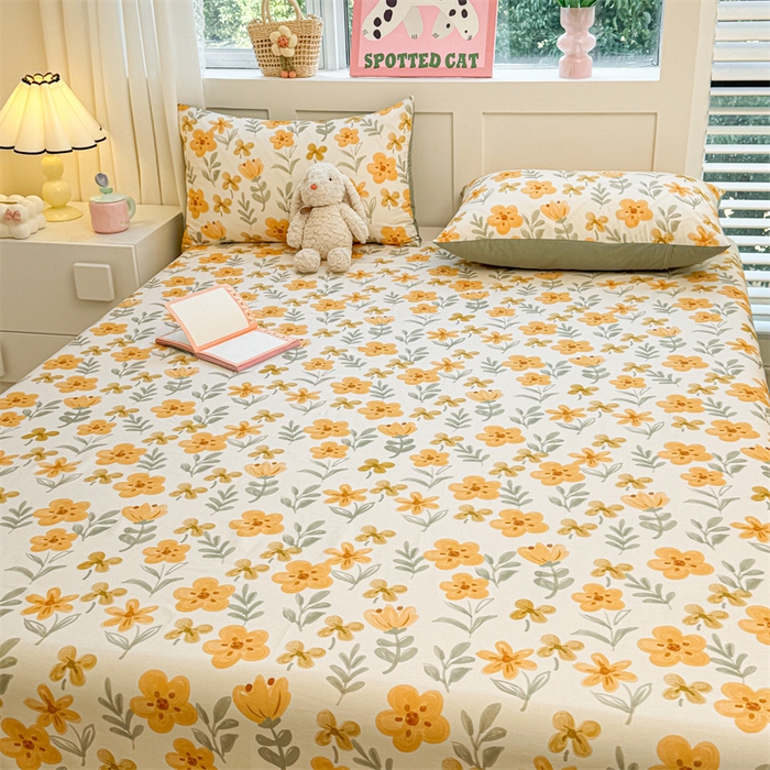 91家纺网 家纺一手货源 找家纺 雯豆2025春夏新款全棉床单三件套纯棉床罩小清新印花床单 全棉床单-暖阳