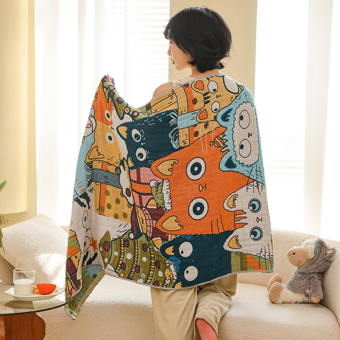 91家纺网 家纺一手货源 找家纺 雯雨家纺 2025新款亲肤可爱全棉A类纱布浴巾 排排猫