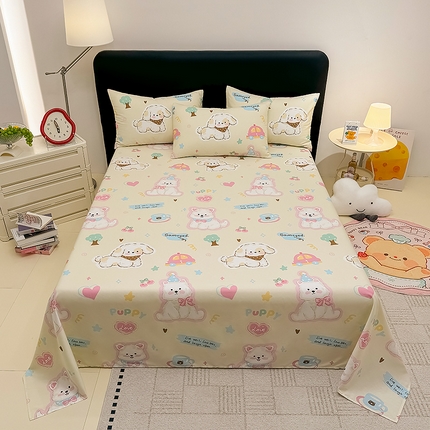 木堇家居  2025新款春夏全棉小清新卡通床单床笠枕套单品系列-床单系列 奶油西高地