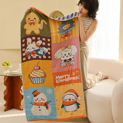 雯雨家纺 2025新款亲肤可爱全棉A类纱布浴巾 圣诞