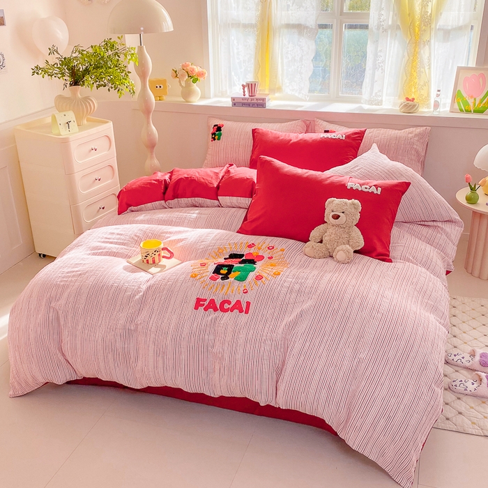 91家纺网 家纺一手货源 找家纺 （总）千朵 2025新款全棉提花毛巾绣贺岁款四件套-提花发财