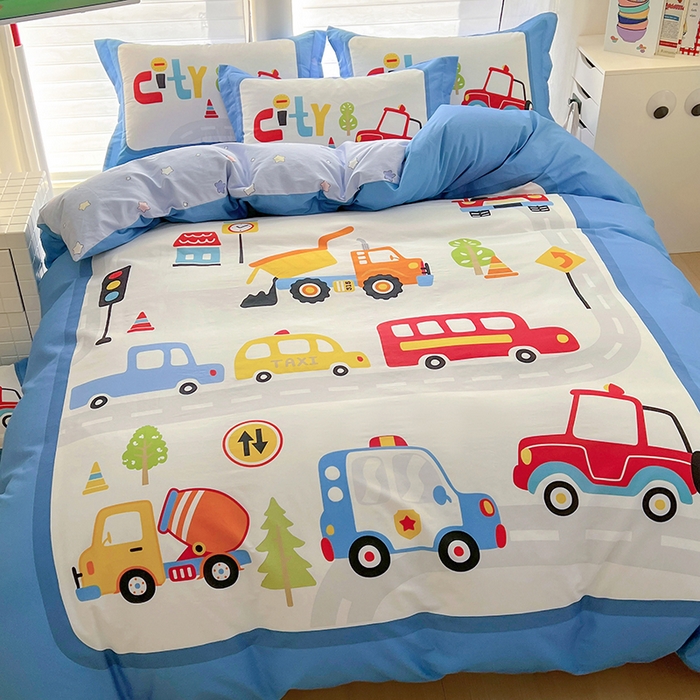 91家纺网 家纺一手货源 找家纺 浩诚 2025新款全棉大版卡通太空人宇航员小恐龙小汽车系列纯棉四件套-提供买家秀 汽车派对