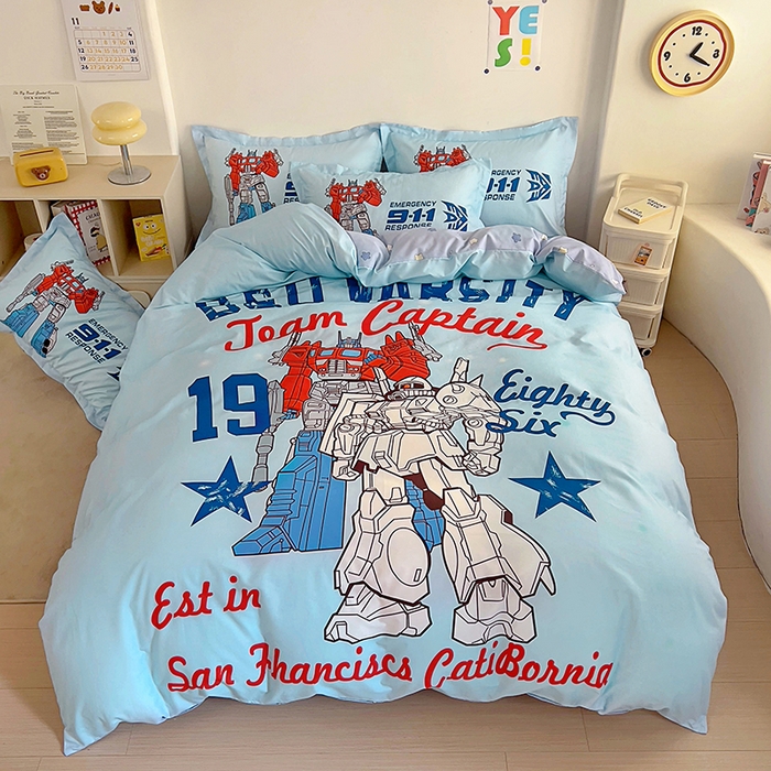 91家纺网 家纺一手货源 找家纺 浩诚 2025新款全棉大版卡通太空人宇航员小恐龙小汽车系列纯棉四件套-提供买家秀 机甲战士