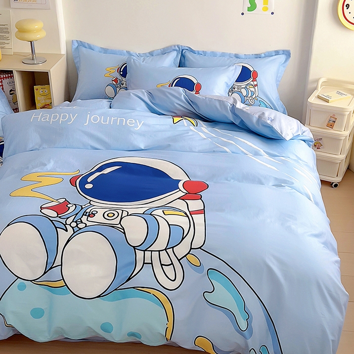 91家纺网 家纺一手货源 找家纺 浩诚 2025新款全棉大版卡通太空人宇航员小恐龙小汽车系列纯棉四件套-提供买家秀 奇妙之旅