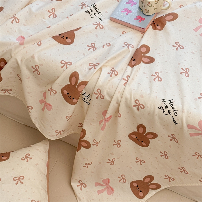 91家纺网 家纺一手货源 找家纺 雯豆2025春夏新款全棉床单三件套纯棉床罩小清新印花床单 全棉床单-精灵兔