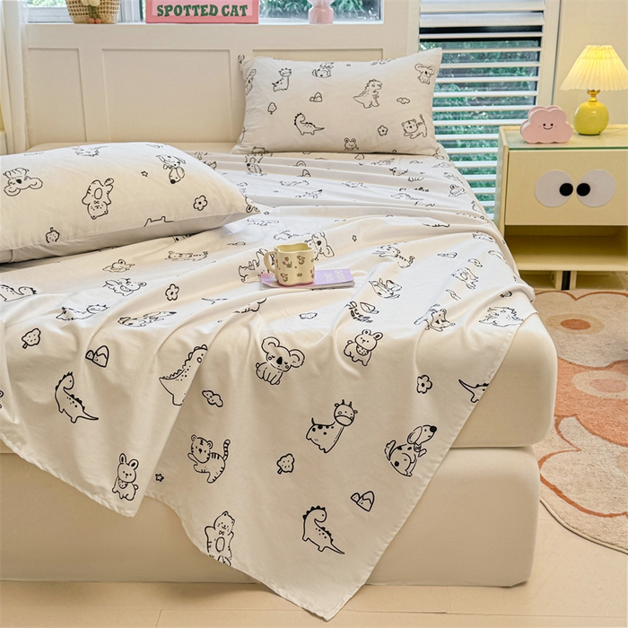 91家纺网 家纺一手货源 找家纺 雯豆2025春夏新款全棉床单三件套纯棉床罩小清新印花床单 全棉床单-动物城