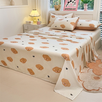 雯豆2025春夏新款全棉床单三件套纯棉床罩小清新印花床单 全棉床单-汪星领袖