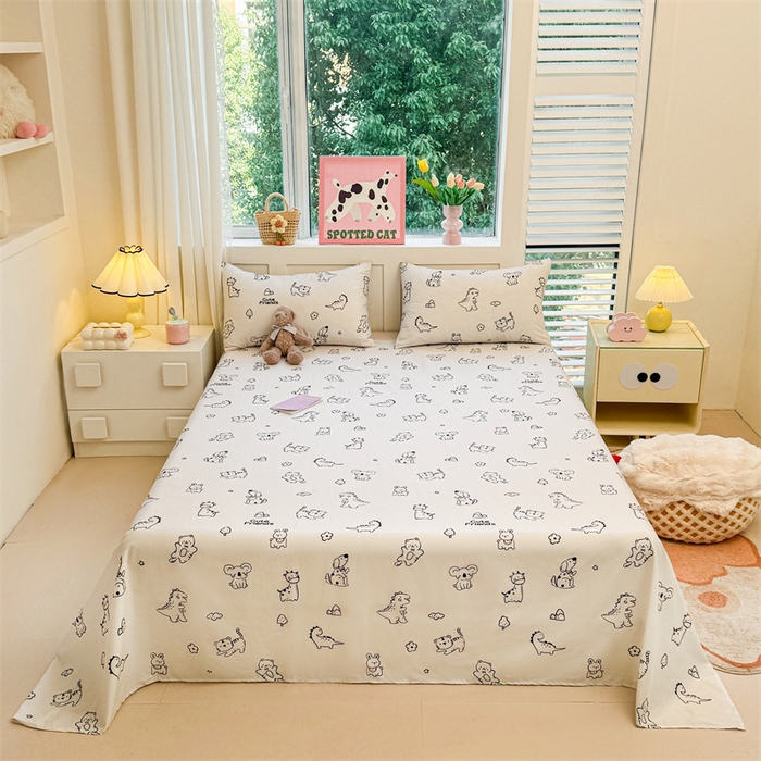 91家纺网 家纺一手货源 找家纺 雯豆2025春夏新款全棉床单三件套纯棉床罩小清新印花床单 全棉床单-动物城