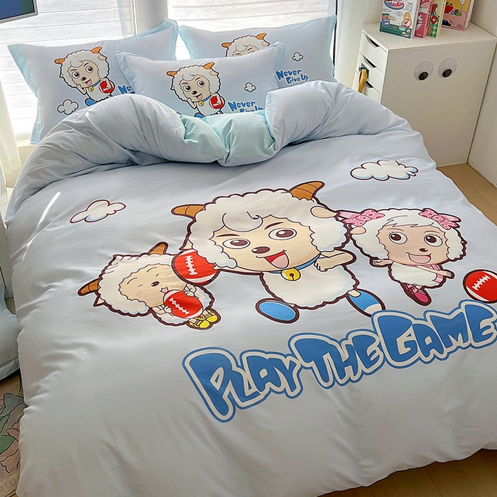 91家纺网 家纺一手货源 找家纺 浩诚 2025新款正版喜羊羊灰太狼全棉卡通大版印花四件套（全）-提供买家秀 亲亲伙伴