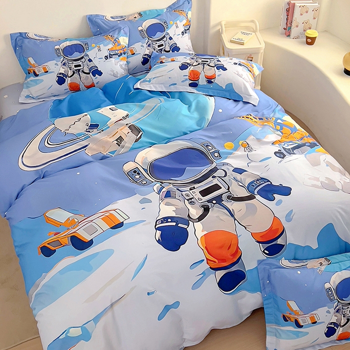 91家纺网 家纺一手货源 找家纺 （总）浩诚 2025新款全棉大版卡通太空人宇航员小恐龙小汽车系列纯棉四件套-提供买家秀