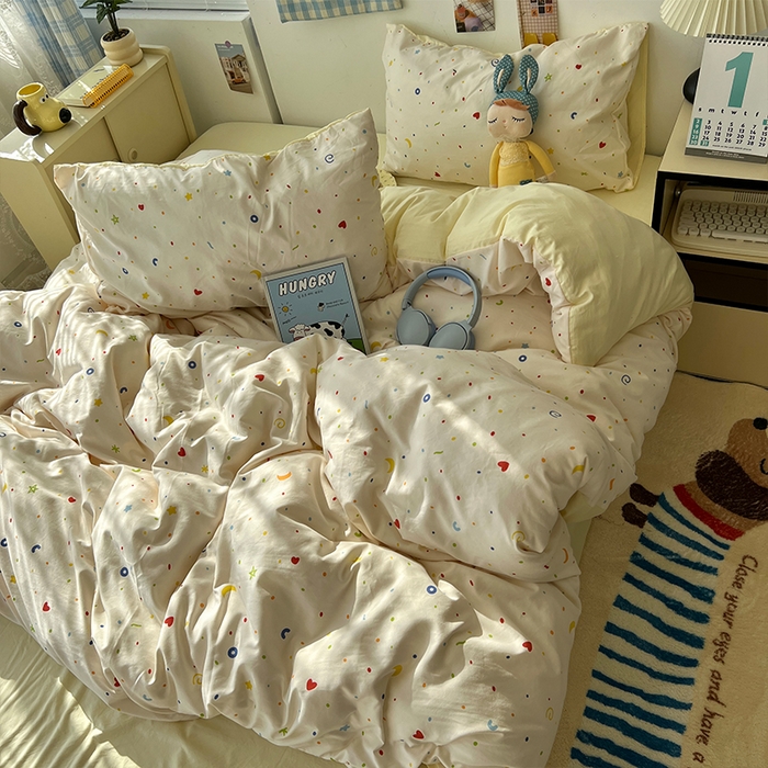 91家纺网 家纺一手货源 找家纺 原素 2025软绵绵的双拼印花水洗棉四件套 星星月亮