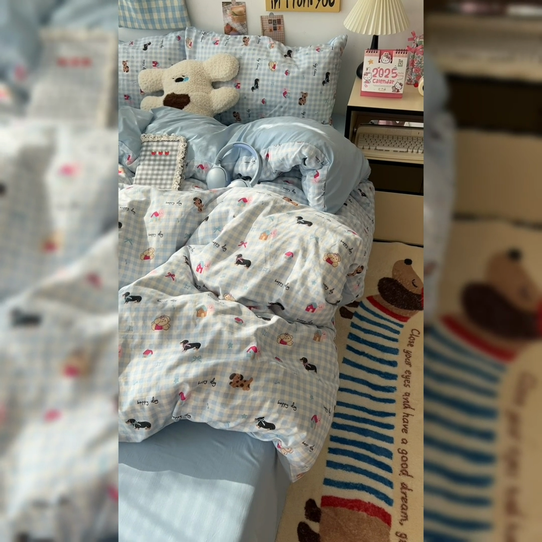 91家纺网 家纺一手货源 找家纺 原素 2025软绵绵的双拼印花水洗棉四件套 格子小腊肠