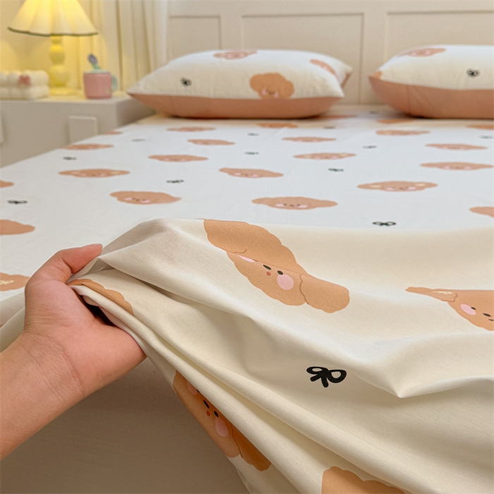 91家纺网 家纺一手货源 找家纺 雯豆2025春夏新款全棉床单三件套纯棉床罩小清新印花床单 全棉床单-汪星领袖