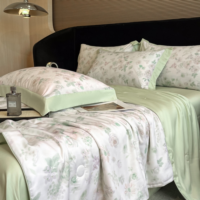 91家纺网 家纺一手货源 找家纺 慕晨 2025新款简奢款莱赛尔数码印夏被四件套 念池-绿