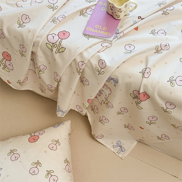 91家纺网 家纺一手货源 找家纺 雯豆2025春夏新款全棉床单三件套纯棉床罩小清新印花床单 全棉床单-小兔乖乖