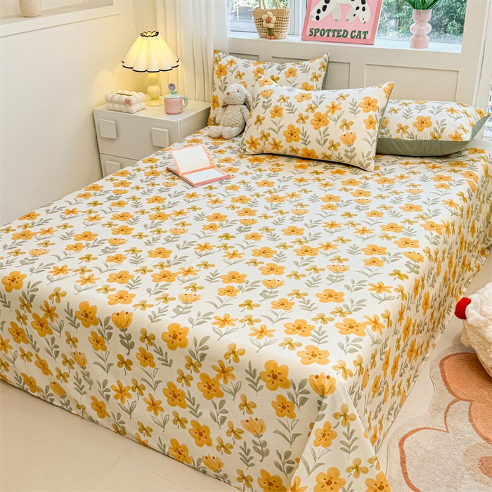 91家纺网 家纺一手货源 找家纺 雯豆2025春夏新款全棉床单三件套纯棉床罩小清新印花床单 全棉床单-暖阳