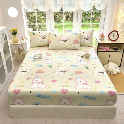 木堇家居 2025新款春夏全棉小清新卡通床单床笠枕套单品系列-床笠系列 6   奶油西高地