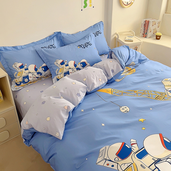 91家纺网 家纺一手货源 找家纺 浩诚 2025新款全棉大版卡通太空人宇航员小恐龙小汽车系列纯棉四件套-提供买家秀 太空工程队