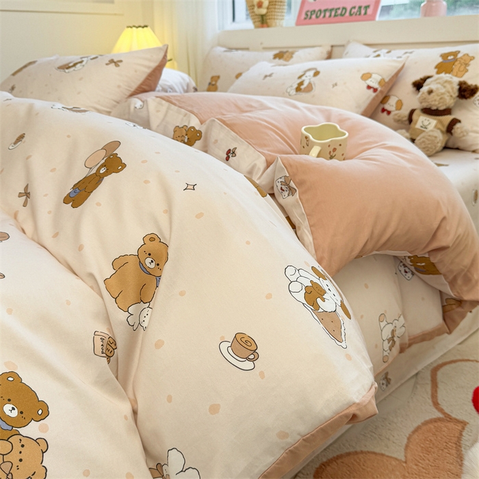 91家纺网 家纺一手货源 找家纺 雯豆2025春夏新款全棉纯棉被套三件套学生成人被罩 全棉被套-小熊伙伴