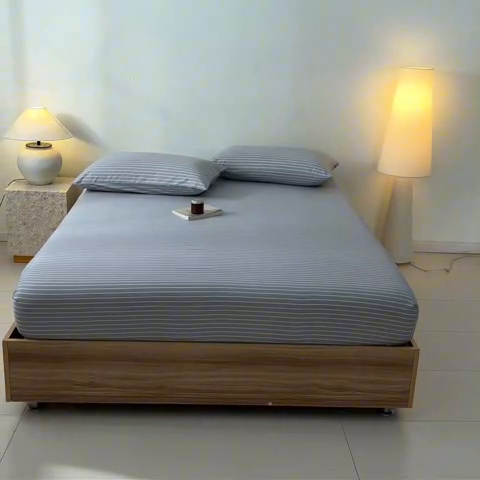 91家纺网 家纺一手货源 找家纺 涵宸家纺 2025新款全棉印花良品系列床笠 床笠-英伦-浅灰