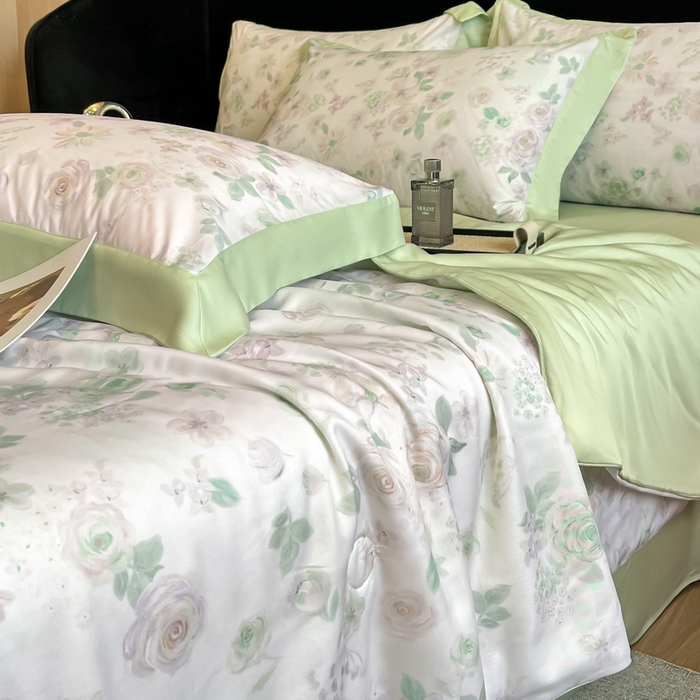 91家纺网 家纺一手货源 找家纺 慕晨 2025新款简奢款莱赛尔数码印夏被四件套 念池-绿