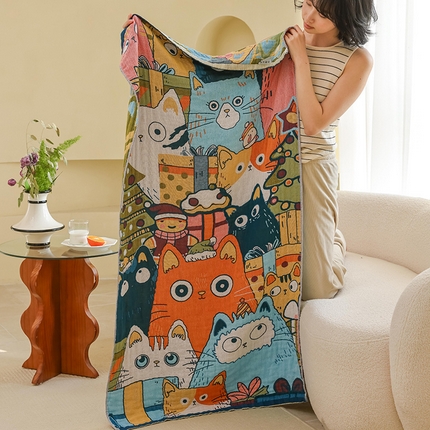 雯雨家纺 2025新款亲肤可爱全棉A类纱布浴巾 排排猫