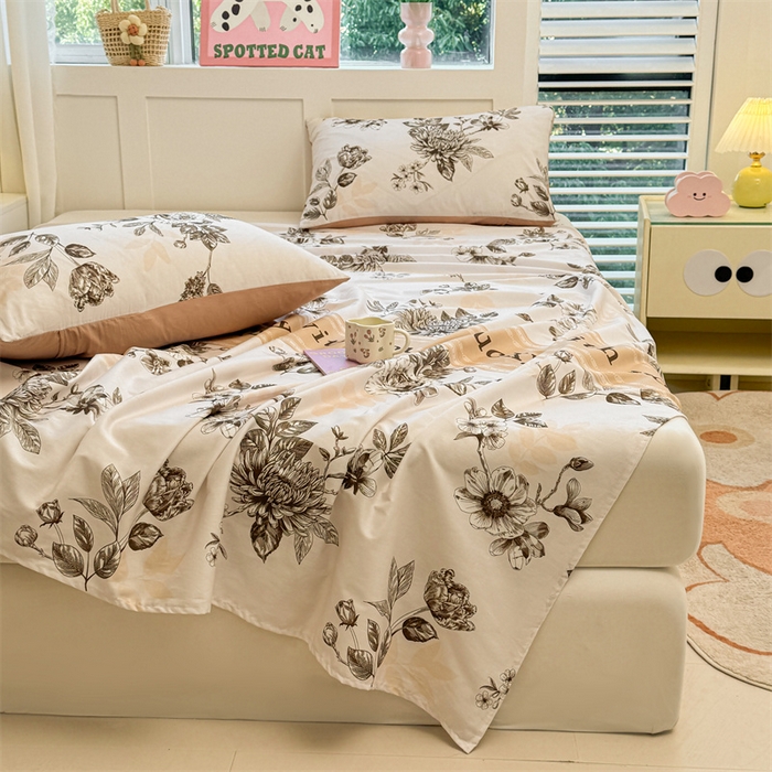 91家纺网 家纺一手货源 找家纺 雯豆2025春夏新款全棉床单三件套纯棉床罩小清新印花床单 全棉床单-蔓秋