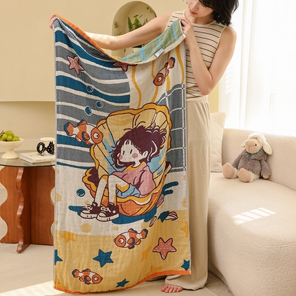 雯雨家纺 2025新款亲肤可爱全棉A类纱布浴巾 海域