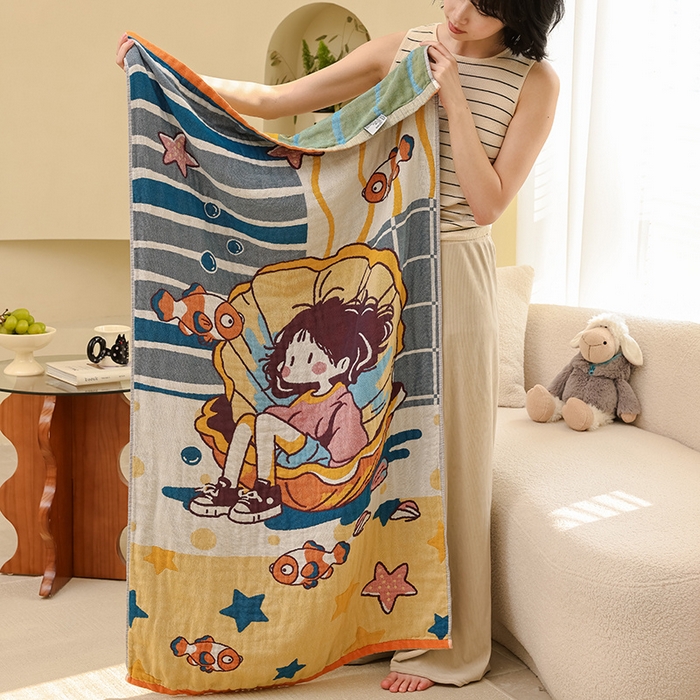 91家纺网 家纺一手货源 找家纺 雯雨家纺 2025新款亲肤可爱全棉A类纱布浴巾 海域