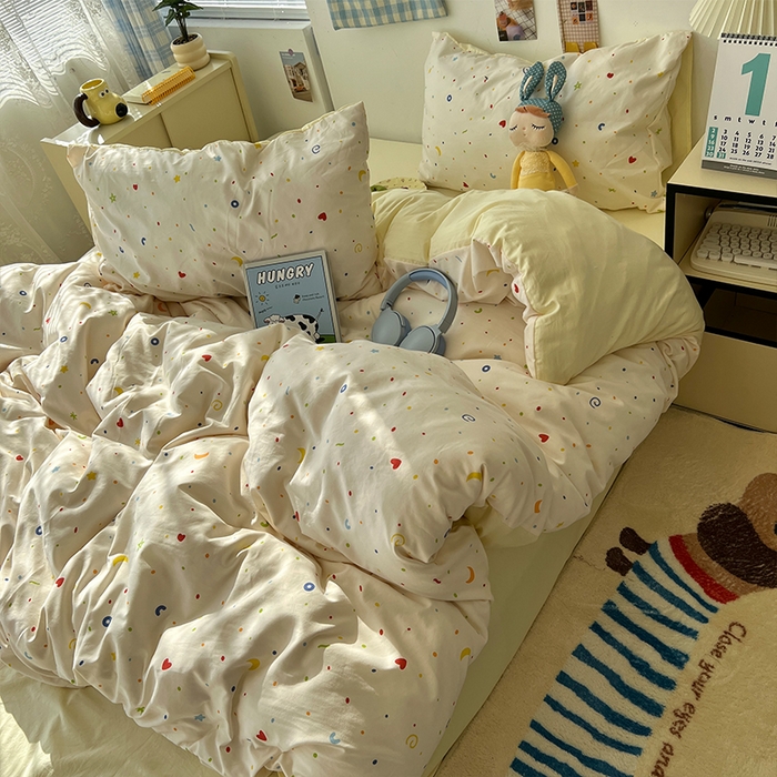 91家纺网 家纺一手货源 找家纺 原素 2025软绵绵的双拼印花水洗棉四件套 星星月亮