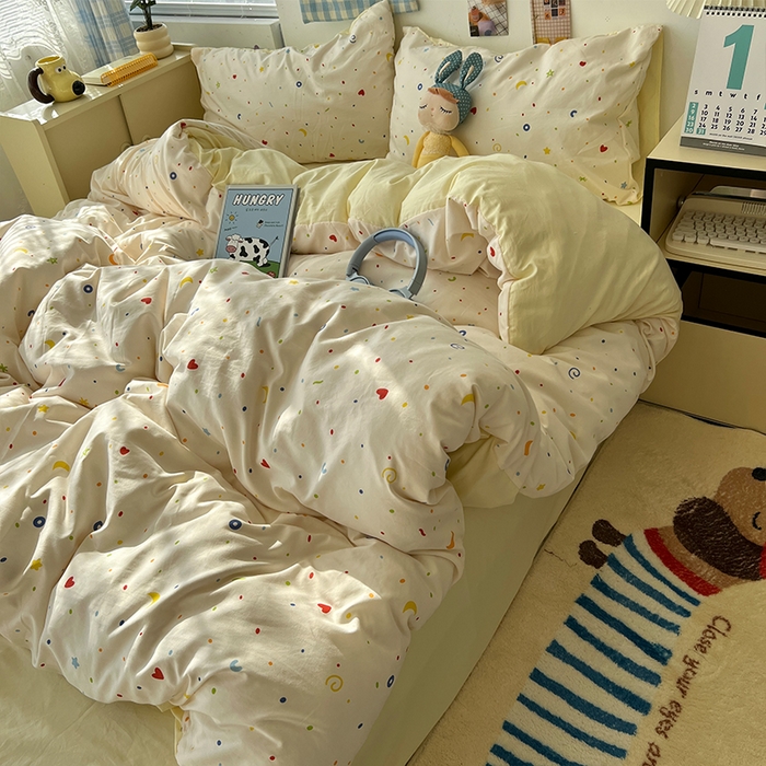 91家纺网 家纺一手货源 找家纺 原素 2025软绵绵的双拼印花水洗棉四件套 星星月亮