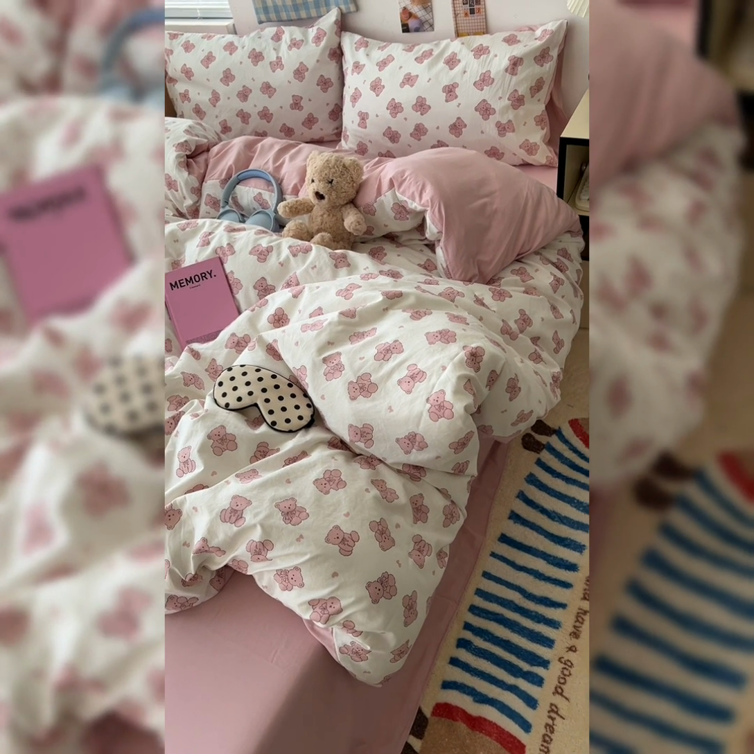 91家纺网 家纺一手货源 找家纺 原素 2025软绵绵的双拼印花水洗棉四件套 韩系熊熊子