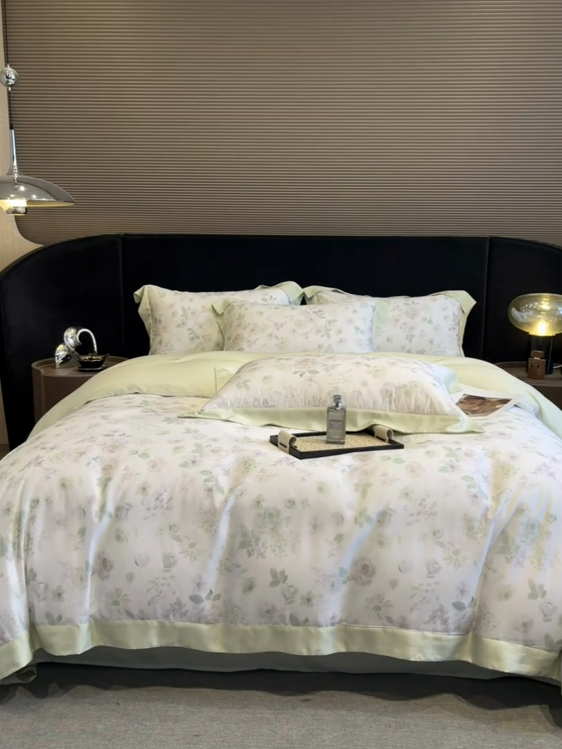 91家纺网 家纺一手货源 找家纺 慕晨 2025新款莱赛尔数码印宽边工艺四件套 念池-绿