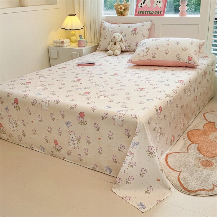 91家纺网 家纺一手货源 找家纺 雯豆2025春夏新款全棉床单三件套纯棉床罩小清新印花床单 全棉床单-小兔乖乖