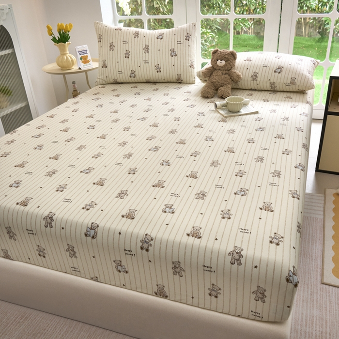 91家纺网 家纺一手货源 找家纺 木堇家居 2025新款春夏全棉小清新卡通床单床笠枕套单品系列-床笠系列 8  摩卡熊