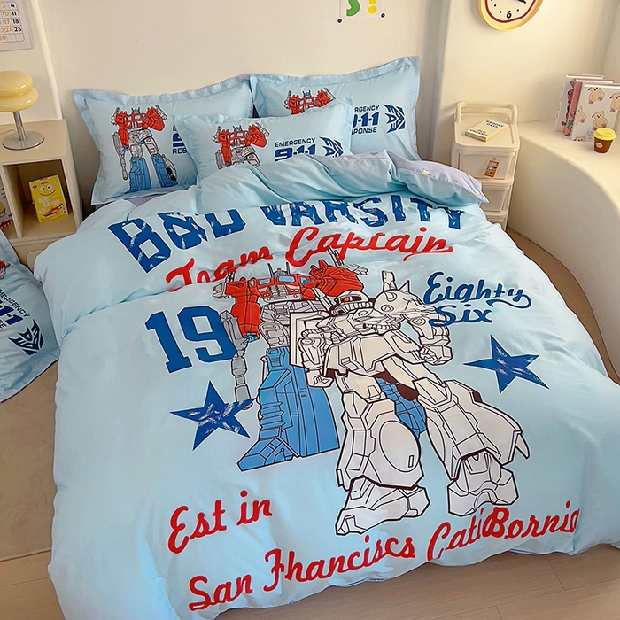 91家纺网 家纺一手货源 找家纺 浩诚 2025新款全棉大版卡通太空人宇航员小恐龙小汽车系列纯棉四件套-提供买家秀 机甲战士