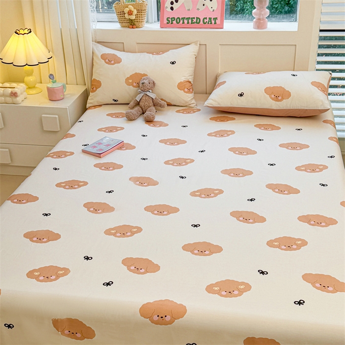 91家纺网 家纺一手货源 找家纺 雯豆2025春夏新款全棉床单三件套纯棉床罩小清新印花床单 全棉床单-汪星领袖