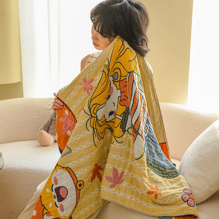 91家纺网 家纺一手货源 找家纺 雯雨家纺 2025新款亲肤可爱全棉A类纱布浴巾 幸运女孩