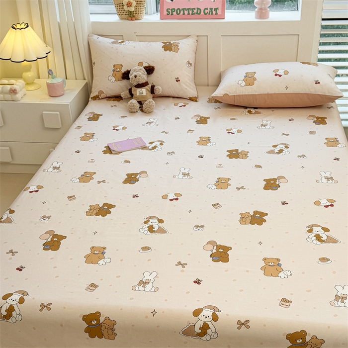 91家纺网 家纺一手货源 找家纺 雯豆2025春夏新款全棉床单三件套纯棉床罩小清新印花床单 全棉床单-小熊伙伴