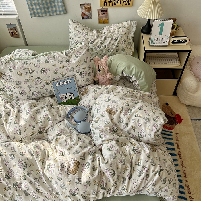 91家纺网 家纺一手货源 找家纺 原素 2025软绵绵的双拼印花水洗棉四件套 单纯萌兔