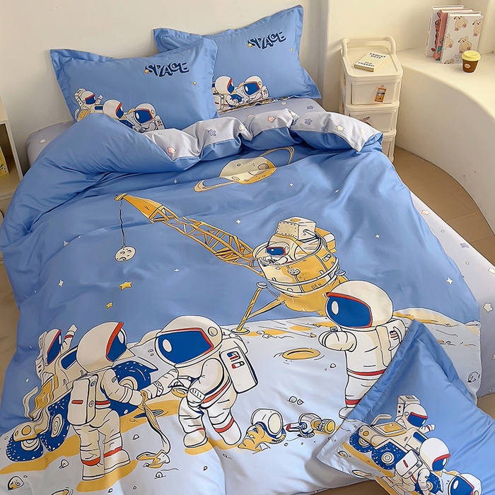 91家纺网 家纺一手货源 找家纺 浩诚 2025新款全棉大版卡通太空人宇航员小恐龙小汽车系列纯棉四件套-提供买家秀 太空工程队