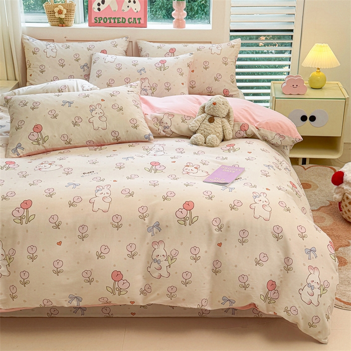 91家纺网 家纺一手货源 找家纺 雯豆2025春夏新款全棉纯棉被套三件套学生成人被罩 全棉被套-小兔乖乖