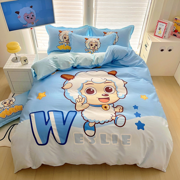 91家纺网 家纺一手货源 找家纺 浩诚 2025新款正版喜羊羊灰太狼全棉卡通大版印花四件套（全）-提供买家秀 喜气羊羊