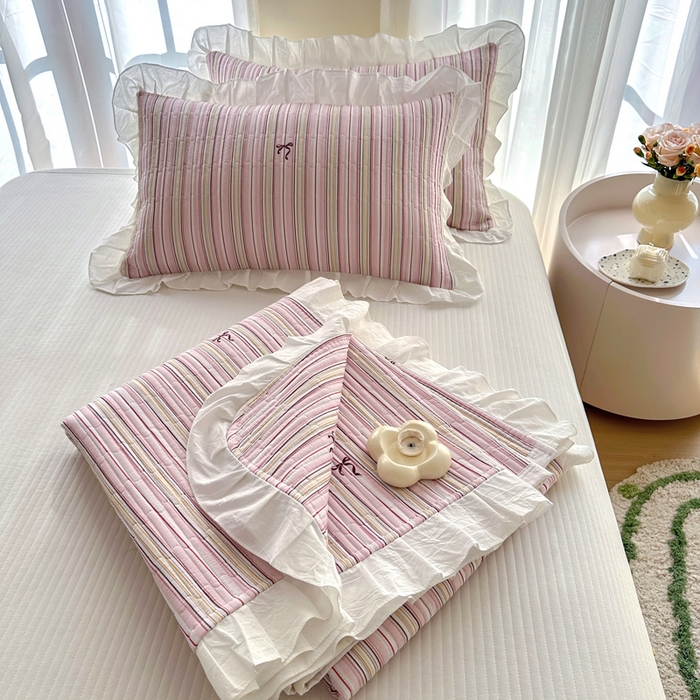 91家纺网 家纺一手货源 找家纺 岚吉 2025新款40支133*72全棉斜纹夹棉绗缝小花边床盖 条纹律动