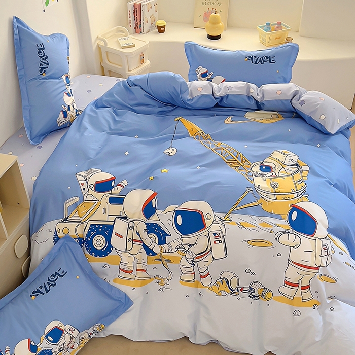 91家纺网 家纺一手货源 找家纺 浩诚 2025新款全棉大版卡通太空人宇航员小恐龙小汽车系列纯棉四件套-提供买家秀 太空工程队