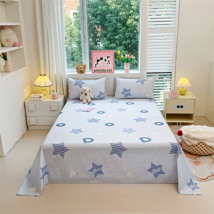 91家纺网 家纺一手货源 找家纺 雯豆2025春夏新款全棉床单三件套纯棉床罩小清新印花床单 全棉床单-星星约定