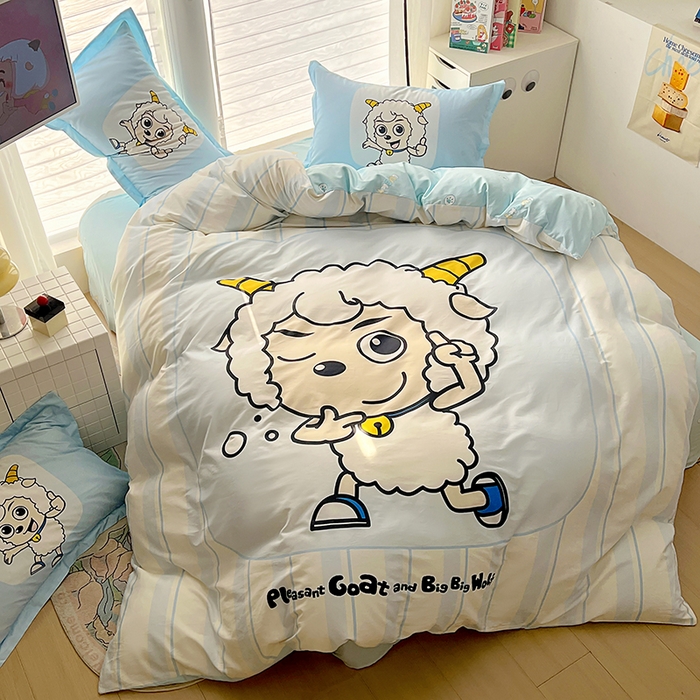 91家纺网 家纺一手货源 找家纺 浩诚 2025新款正版喜羊羊灰太狼全棉卡通大版印花四件套（全）-提供买家秀 羊先生